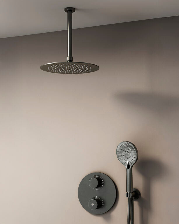 CONJ. EMPOTR. TERMOSTÁTICO ROUND TITANIO + ROCIADOR TECHO