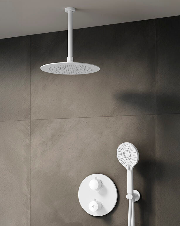 CONJ. EMPOTR. TERMOSTÁTICO ROUND BLANCO + ROCIADOR TECHO