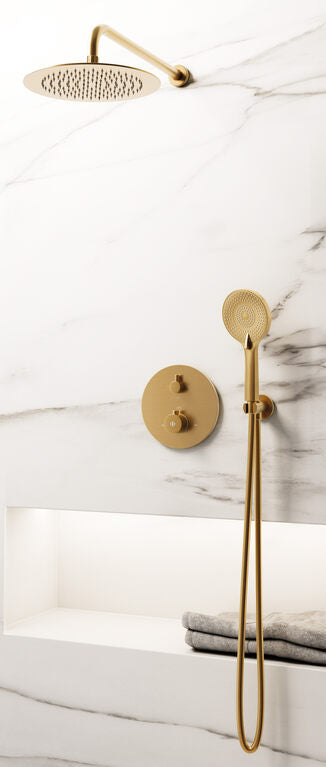 CONJ. EMPOTR. TERMOSTÁTICO ROUND ORO + ROCIADOR PARED